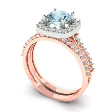 1.58 ct Brilliant Round Cut Blue Zircon 14k Rose/White Gold Halo Solitaire with Accents Engagement Bridal Wedding Ring Band Set