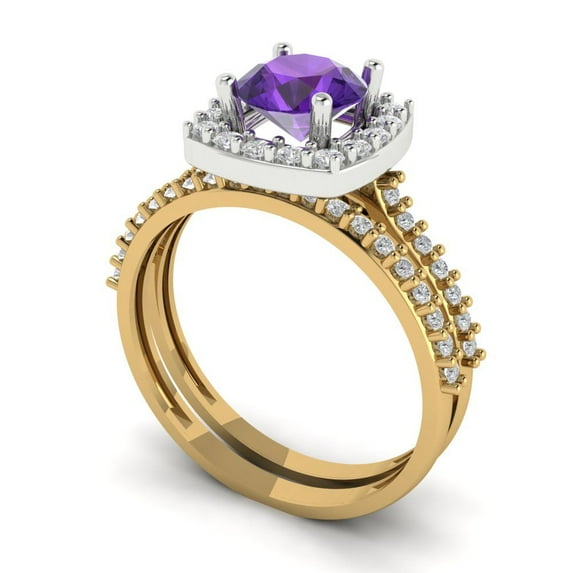 1.58 ct Brilliant Round Cut Natural Amethyst 18K Yellow/White Gold(multi tone) Halo Solitaire with Accents Engagement Bridal Wedding Ring Band Set size 6.75