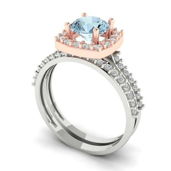 1.58 ct Brilliant Round Cut Natural Aquamarine 18K White/Rose Gold Halo Solitaire with Accents Engagement Bridal Wedding Ring Band Set size 5
