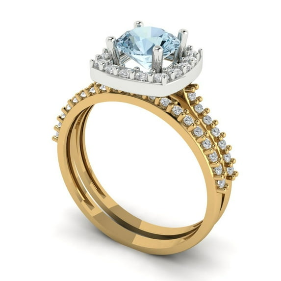 1.58 ct Brilliant Round Cut Natural Aquamarine 18K Yellow/White Gold(multi tone) Halo Solitaire with Accents Engagement Bridal Wedding Ring Band Set size 6