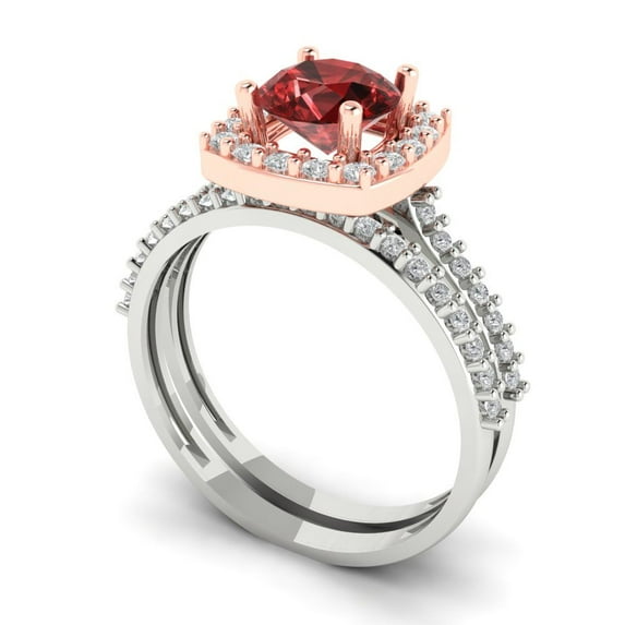 1.58 ct Brilliant Round Cut Natural Garnet 18K White/Rose Gold Halo Solitaire with Accents Engagement Bridal Wedding Ring Band Set size 3.75