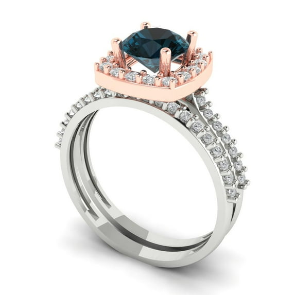 1.58 ct Brilliant Round Cut Natural London Blue Topaz 14k White/Rose Gold Halo Solitaire with Accents Engagement Bridal Wedding Ring Band Set size 9.5