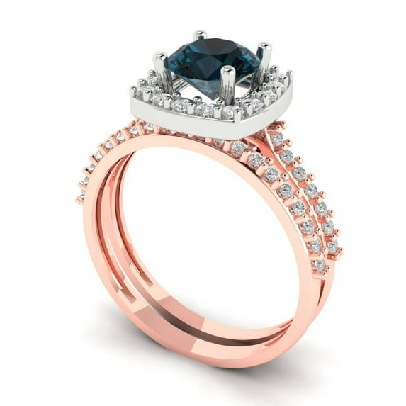 1.58 ct Brilliant Round Cut Natural London Blue Topaz 18K Rose/White Gold Halo Solitaire with Accents Engagement Bridal Wedding Ring Band Set size 9.75