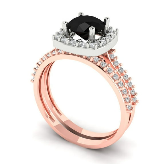 1.58 ct Brilliant Round Cut Natural Onyx 18K Rose/White Gold Halo Solitaire with Accents Engagement Bridal Wedding Ring Band Set size 4.75