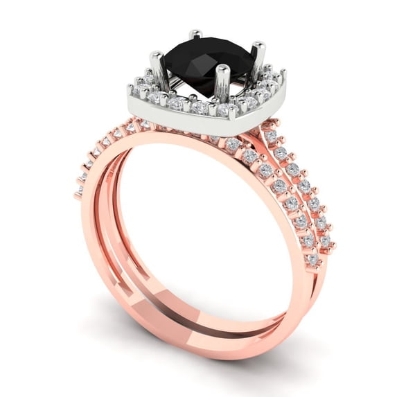 1.58 ct Brilliant Round Cut Natural Onyx 18K Rose/White Gold Halo Solitaire with Accents Engagement Bridal Wedding Ring Band Set size 9