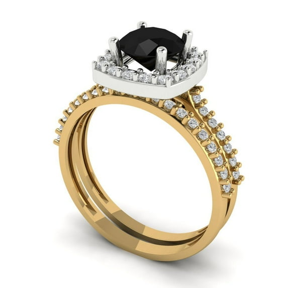 1.58 ct Brilliant Round Cut Natural Onyx 18K Yellow/White Gold(multi tone) Halo Solitaire with Accents Engagement Bridal Wedding Ring Band Set size 4.25