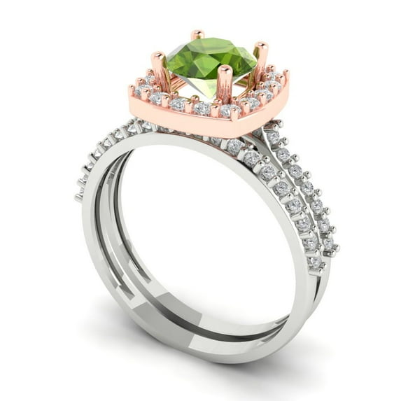 1.58 ct Brilliant Round Cut Natural Peridot 14k White/Rose Gold Halo Solitaire with Accents Engagement Bridal Wedding Ring Band Set size 4.75