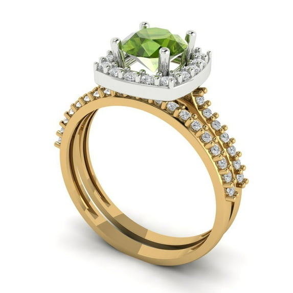1.58 ct Brilliant Round Cut Natural Peridot 14k Yellow/White Gold(multi tone) Halo Solitaire with Accents Engagement Bridal Wedding Ring Band Set size 5