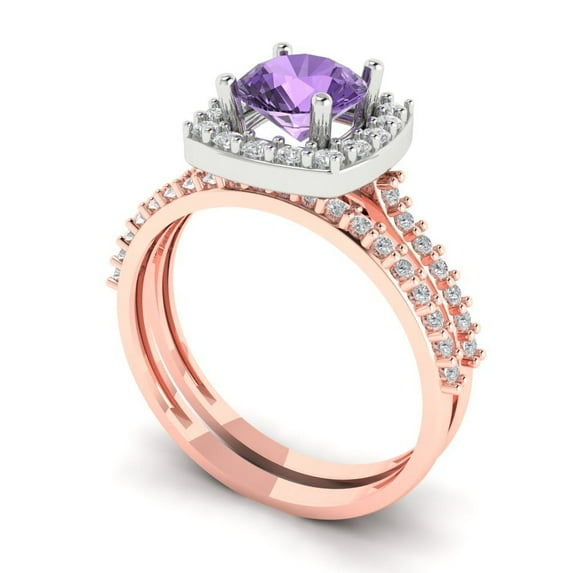 1.58 ct Brilliant Round Cut Alexandrite 18K Rose/White Gold Halo Solitaire with Accents Engagement Bridal Wedding Ring Band Set size 9