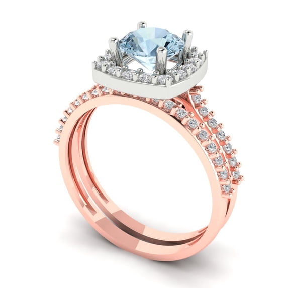1.58 ct Brilliant Round Cut Blue Zircon 18K Rose/White Gold Halo Solitaire with Accents Engagement Bridal Wedding Ring Band Set size 4