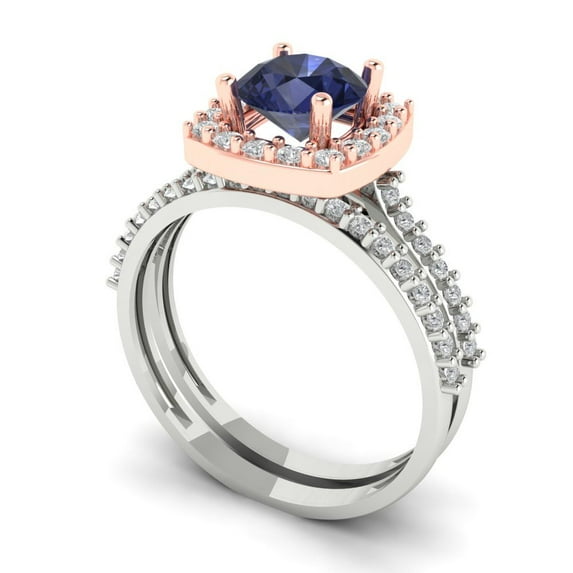 1.58 ct Brilliant Round Cut Blue Sapphire 18K White/Rose Gold Halo Solitaire with Accents Engagement Bridal Wedding Ring Band Set size 3.75