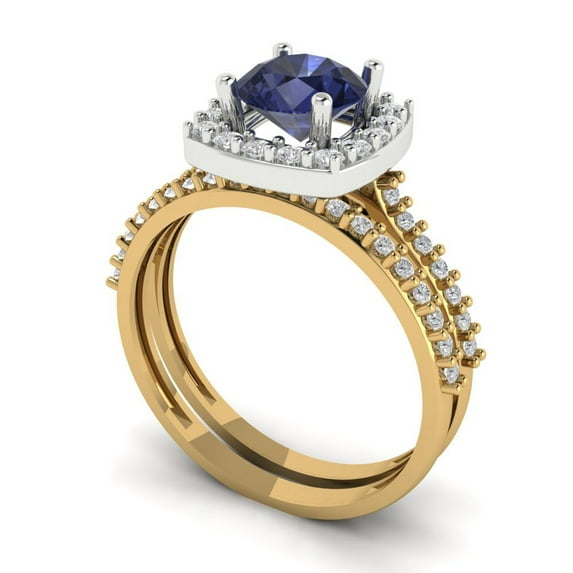 1.58 ct Brilliant Round Cut Blue Sapphire 18K Yellow/White Gold(multi tone) Halo Solitaire with Accents Engagement Bridal Wedding Ring Band Set size 3.75