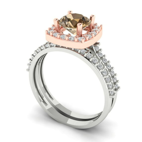 1.58 ct Brilliant Round Cut Champagne 18K White/Rose Gold Halo Solitaire with Accents Engagement Bridal Wedding Ring Band Set size 7.25