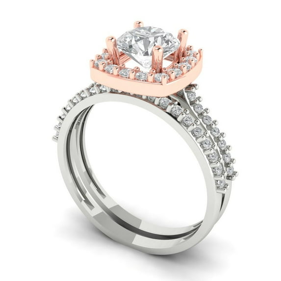 1.58 ct Brilliant Round Cut Zircon 18K White/Rose Gold Halo Solitaire with Accents Engagement Bridal Wedding Ring Band Set size 8.5