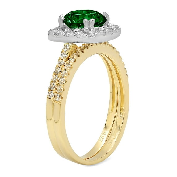 1.58 ct Brilliant Round Cut Simulated Emerald 14k Yellow/White Gold(multi tone) Halo Solitaire with Accents Bridal Set SZ 4.5