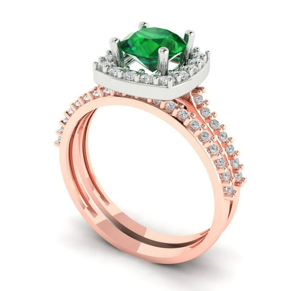 1.58 ct Brilliant Round Cut Emerald 18K Rose/White Gold Halo Solitaire with Accents Engagement Bridal Wedding Ring Band Set size 6.75