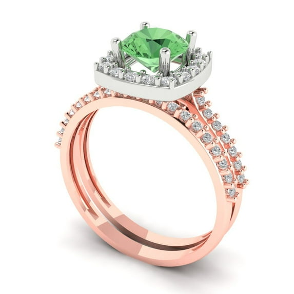 1.58 ct Brilliant Round Cut Green Zircon 14k Rose/White Gold Halo Solitaire with Accents Engagement Bridal Wedding Ring Band Set size 6