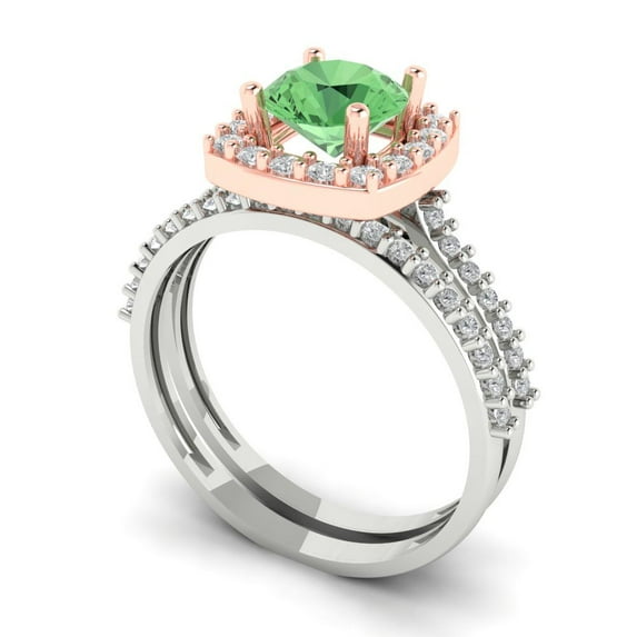 1.58 ct Brilliant Round Cut Green Zircon 14k White/Rose Gold Halo Solitaire with Accents Engagement Bridal Wedding Ring Band Set size 5.5