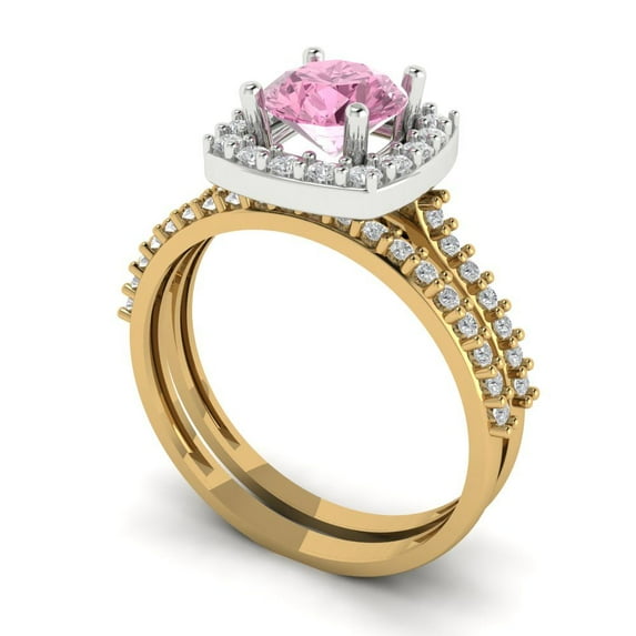 1.58 ct Brilliant Round Cut Pink Zircon 18K Yellow/White Gold(multi tone) Halo Solitaire with Accents Engagement Bridal Wedding Ring Band Set size 6.75