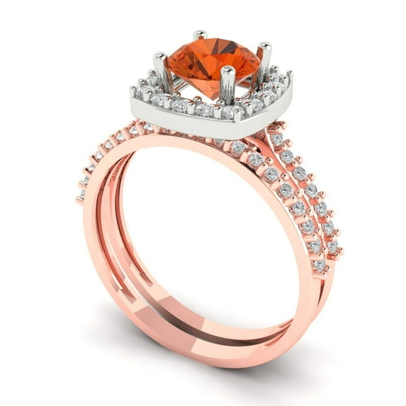 1.58 ct Brilliant Round Cut Red Zircon 14k Rose/White Gold Halo Solitaire with Accents Engagement Bridal Wedding Ring Band Set size 9.75