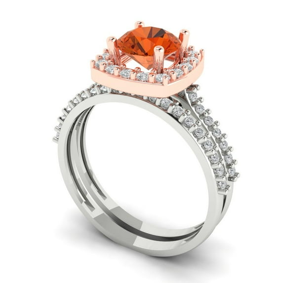 1.58 ct Brilliant Round Cut Red Zircon 18K White/Rose Gold Halo Solitaire with Accents Engagement Bridal Wedding Ring Band Set size 10