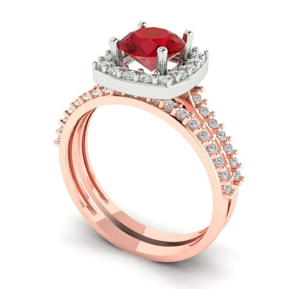 1.58 ct Brilliant Round Cut Ruby 14k Rose/White Gold Halo Solitaire with Accents Engagement Bridal Wedding Ring Band Set size 9