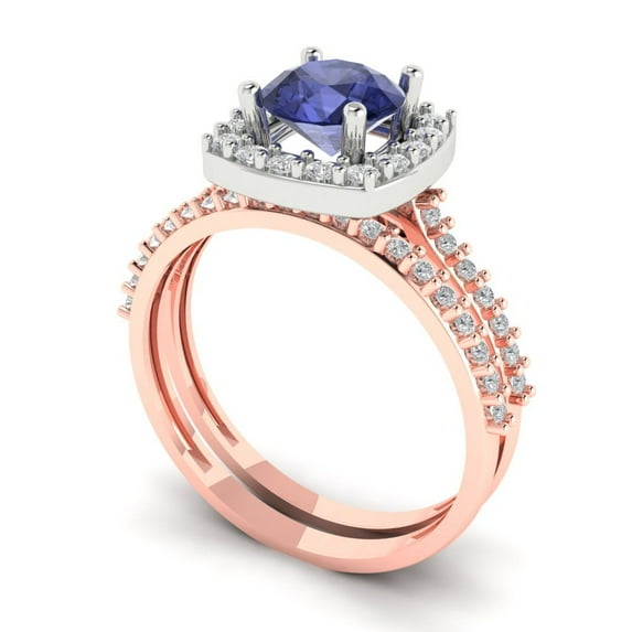 1.58 ct Brilliant Round Cut Tanzanite 14k Rose/White Gold Halo Solitaire with Accents Engagement Bridal Wedding Ring Band Set size 8