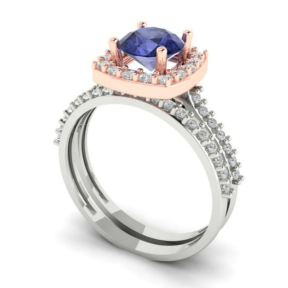 1.58 ct Brilliant Round Cut Tanzanite 14k White/Rose Gold Halo Solitaire with Accents Engagement Bridal Wedding Ring Band Set size 9.25