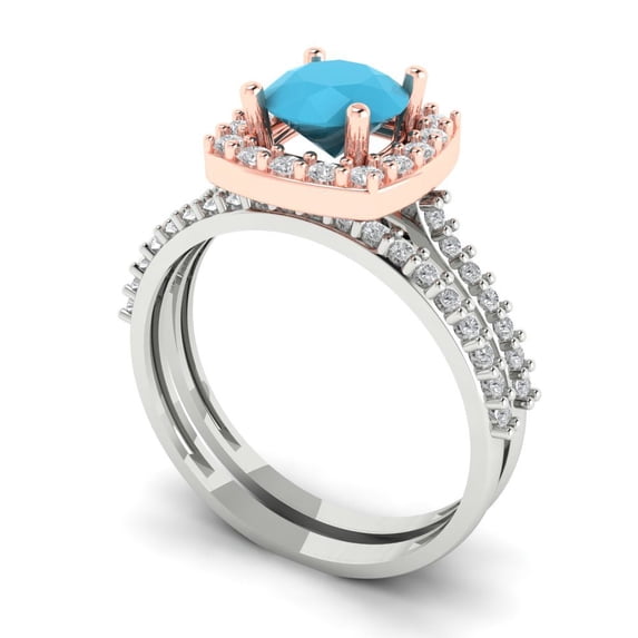 1.58 ct Brilliant Round Cut Turquoise 14k White/Rose Gold Halo Solitaire with Accents Engagement Bridal Wedding Ring Band Set size 11
