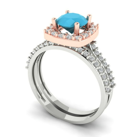 1.58 ct Brilliant Round Cut Turquoise 18K White/Rose Gold Halo Solitaire with Accents Engagement Bridal Wedding Ring Band Set size 7