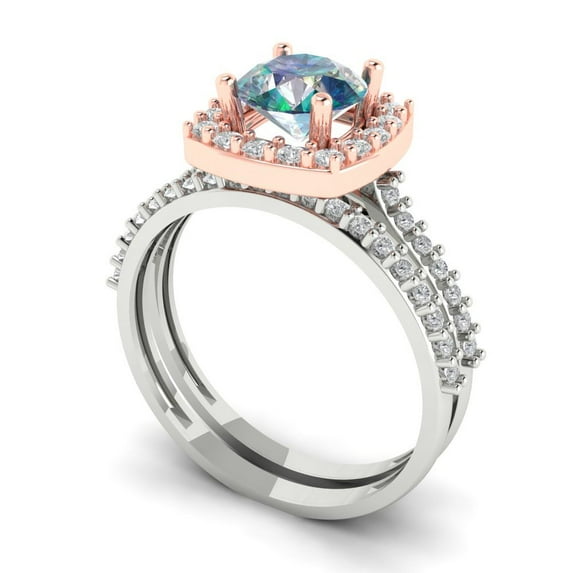 1.58 ct Brilliant Round Cut Blue Moissanite 14k White/Rose Gold Halo Solitaire with Accents Engagement Bridal Wedding Ring Band Set size 6.75