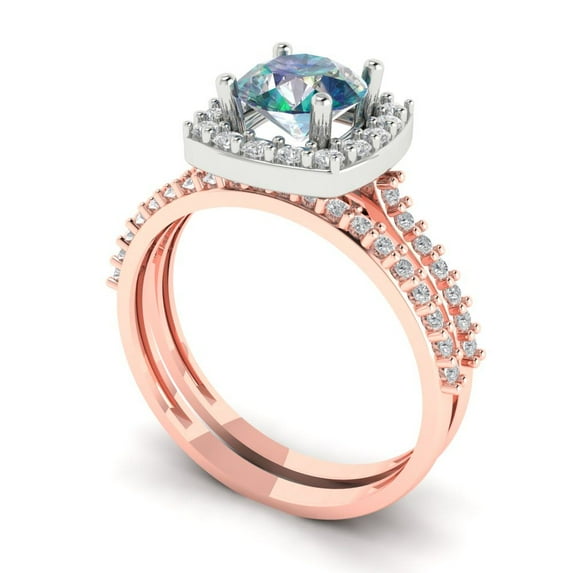 1.58 ct Brilliant Round Cut Blue Moissanite 18K Rose/White Gold Halo Solitaire with Accents Engagement Bridal Wedding Ring Band Set size 9.75