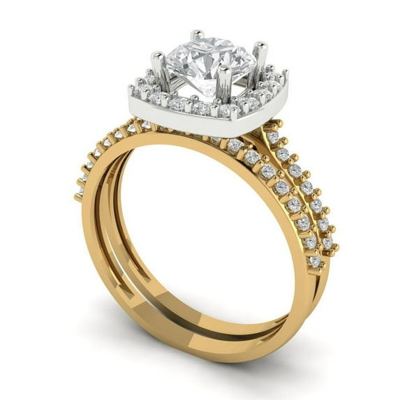 1.58 ct Brilliant Round Cut Moissanite 18K Yellow/White Gold(multi tone) Halo Solitaire with Accents Engagement Bridal Wedding Ring Band Set size 9.25