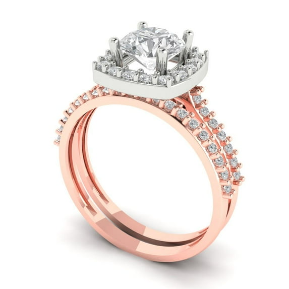 1.58 ct Brilliant Round Cut White Sapphire 14k Rose/White Gold Halo Solitaire with Accents Engagement Bridal Wedding Ring Band Set size 6