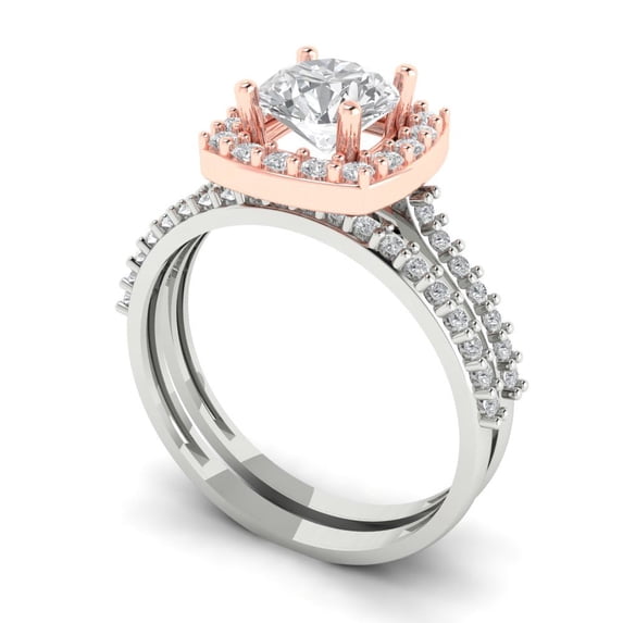 1.58 ct Brilliant Round Cut White Sapphire 14k White/Rose Gold Halo Solitaire with Accents Engagement Bridal Wedding Ring Band Set size 9