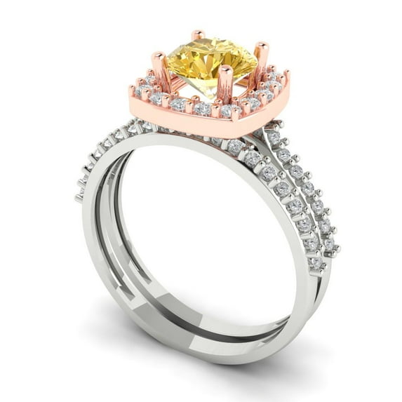 1.58 ct Brilliant Round Cut Yellow Moissanite 18K White/Rose Gold Halo Solitaire with Accents Engagement Bridal Wedding Ring Band Set size 5.5