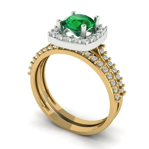 Clara Pucci 18K Yellow/White Gold 1.495 Simulated Emerald Engraveable Engagement Ring + Wedding Band Set