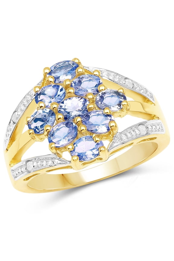 1.59 Ct Oval Violet Tanzanite Prong 14K Yellow Gold Plated Silver Cluster Split Shank Ring