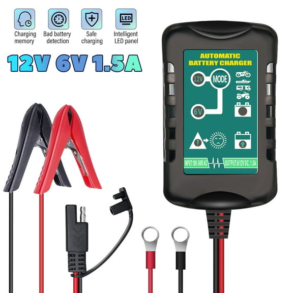 1.5Amp 6V/12V Fully Automatic Battery Charger and Maintainer for Motorcycle, Cars,Marine