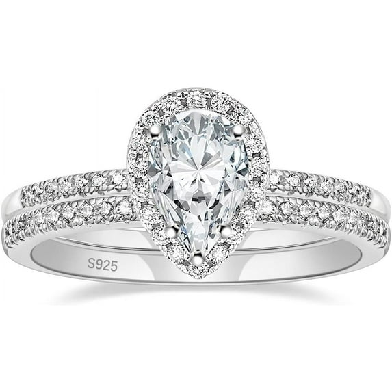 1.5CT 925 Sterling Silver Wedding Band Teardrop Bridal Rings Sets Halo Cubic Zirconia Solitaire Promise Engagement Rings for Women Size 3-11