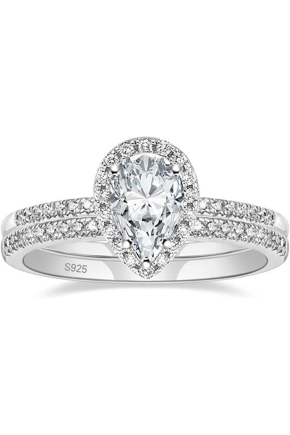 1.5CT 925 Sterling Silver Wedding Band Teardrop Bridal Rings Sets Halo Cubic Zirconia Solitaire Promise Engagement Rings for Women Size 3-11