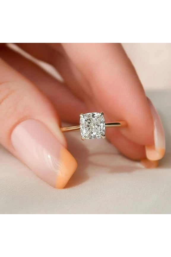 1.5Ct Cushion Cut Lab Created Diamond Solitaire 14K Yellow Gold Plated Engagement Ring