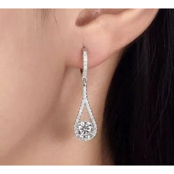 1.5Ct Round Lab-Created Diamond Women Drop Dangle Earring 14k White Gold Plated