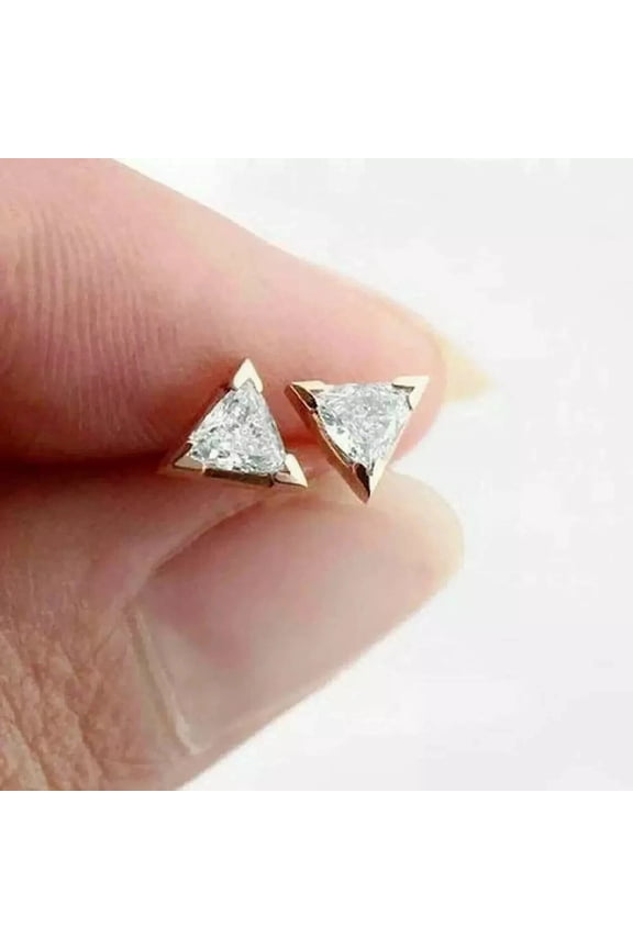 1.5Ct Trillion Cut Simulated Diamond 14K Yellow Gold Finish Tiny Solitaire Stud Earrings