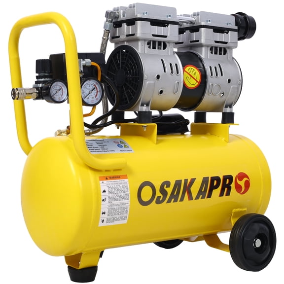 1.5HP Silent Oil-Free Air Compressor 8 Gallon Portable Lightweight with Wheels 70 dBA Quiet Electric Shop Air Compressor for Nail Impact Wrench Spray Automatic Drain Valve Yellow