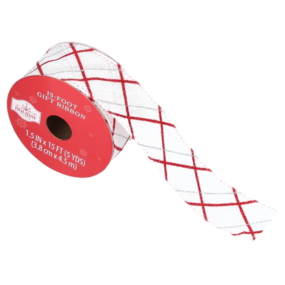 Red/White/Silver Glitter Plaid Wired Edge Christmas Ribbon, 1.5" x 15', by Holiday Time