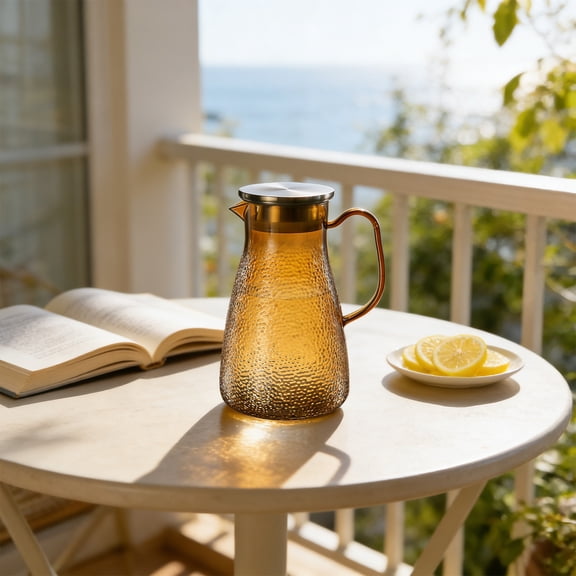 1.5L Amber Pitcher with Lid – Bark Texture Design, Borosilicate Heat & Cold Resistant Glass Water Pitcher, Jug for Iced Tea, Fruit Infused Water, Milk, Indoor & Outdoor Use, Brown
