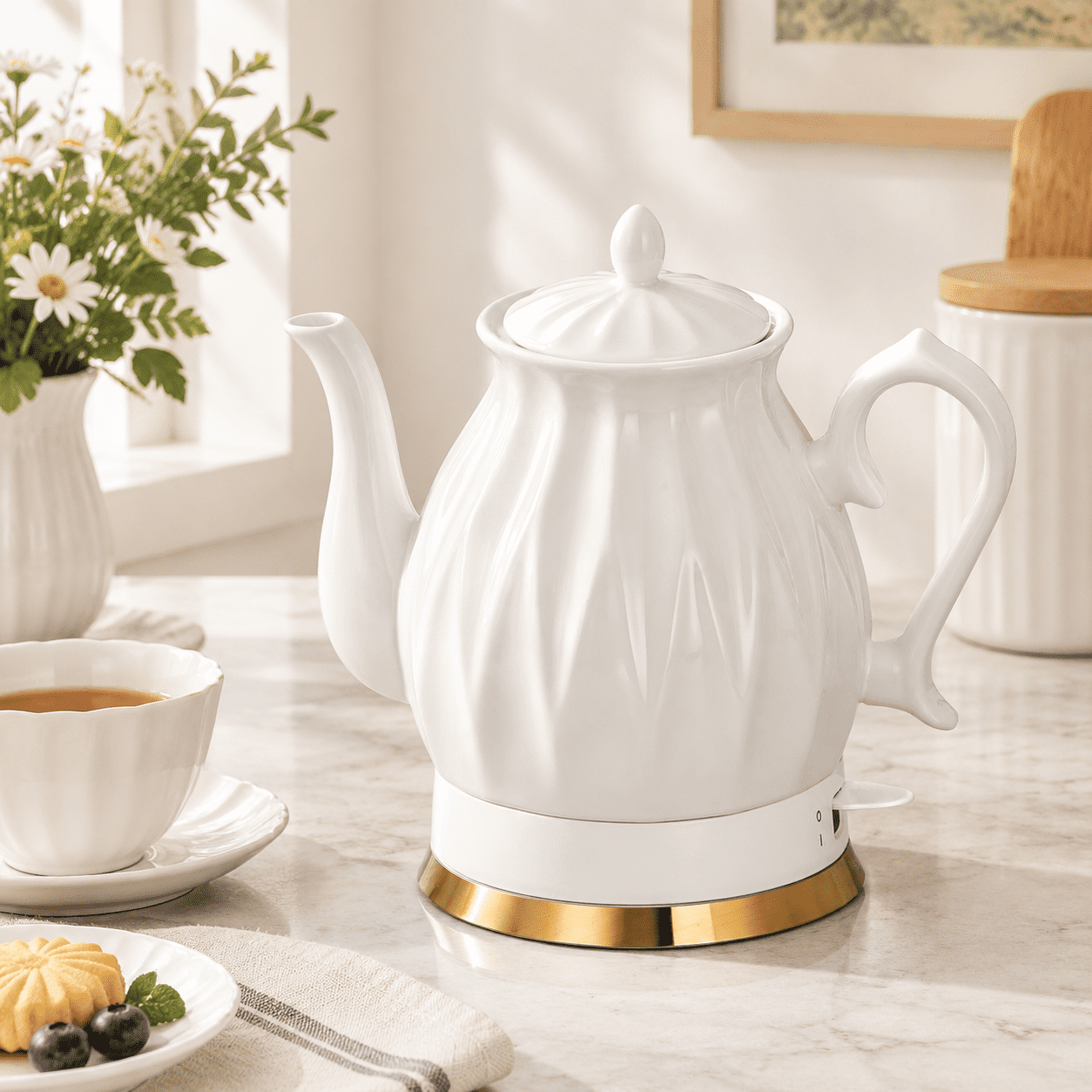 Auto Kettle 1.5L Glossy White Ceramic Electric Kettle with Fast Boil, Auto Shut-off ...