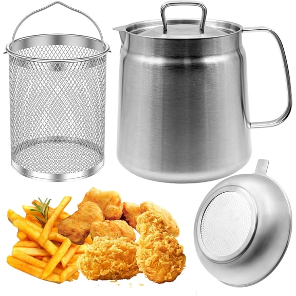 1.5L Heavy Duty Oil Filter Pot,Stainless Steel Large Capacity Oil Filter Pot,with Fine Mesh Strainer & Frying basket,Deep Fryer Oil Storage,Versatile Oil Filter Pot