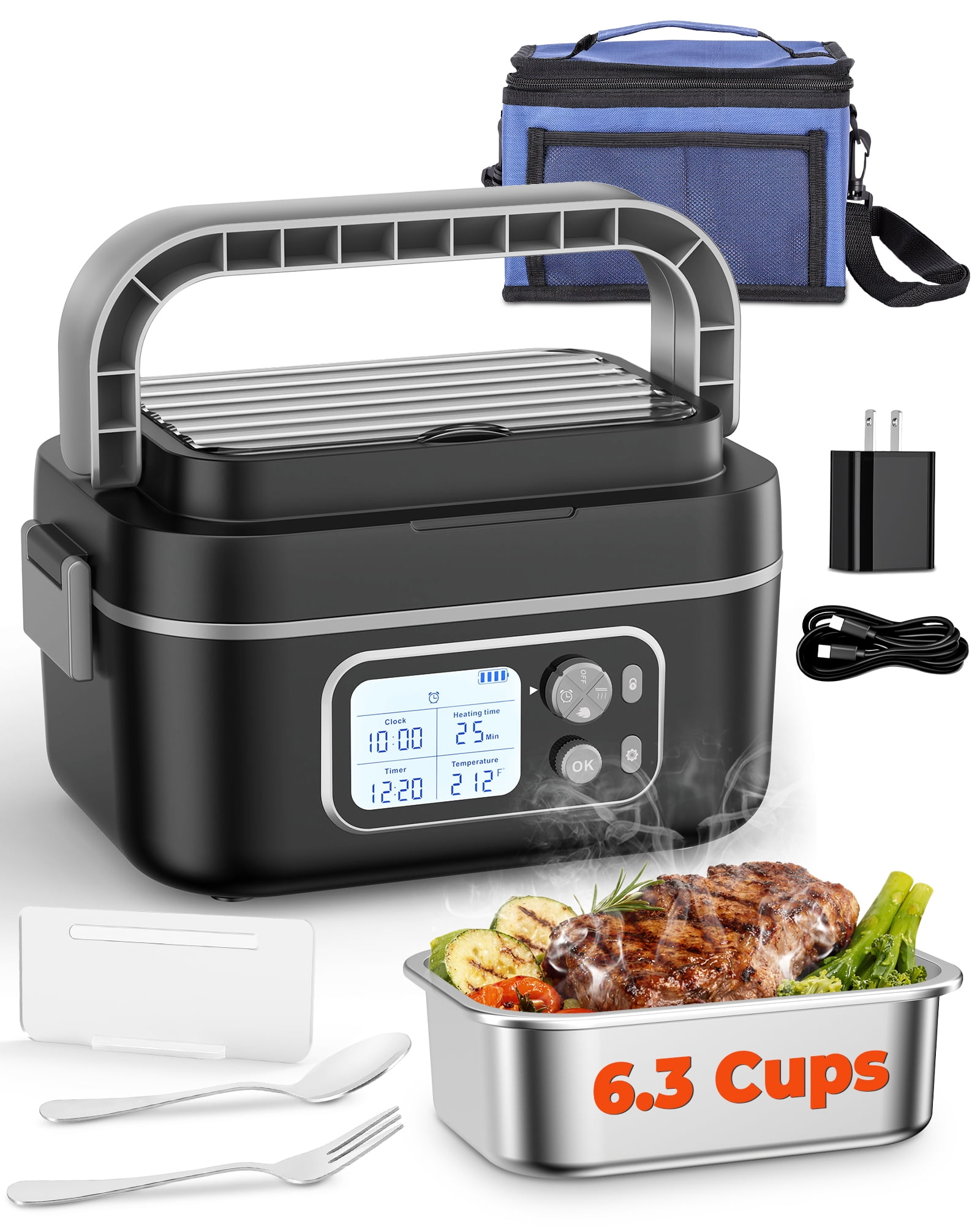 1.5L Portable Electric Lunch Box with Adjustable Temperature and Timing for Students and Elderly for Healthy Dieting, Stainless Steel Liner, Supports PD 3.1 and QC 3.0+ Fast Charging